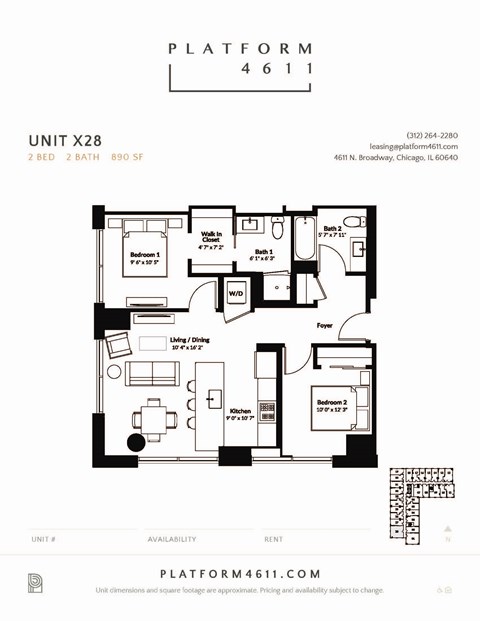 Floor plan for 2 beds, 2 baths, 890 sqft